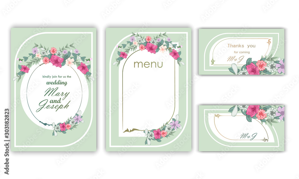 Set of delicate wedding invitation cards in green with watercolor elements and flowers. Vector