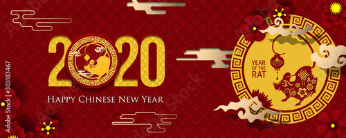 2020 Chinese New Year Greeting Card. Year of the Rat. Chinese New-Year. Paper cut with Rat and Flowers. gong xi fa cai 2020. Hieroglyph - Zodiac Sign Rat. Place for your Text.