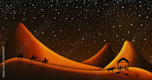 Cuadro en lienzo Christmas Nativity Scene Of Three Wise Men Magi Going To Meet Baby Jesus in the