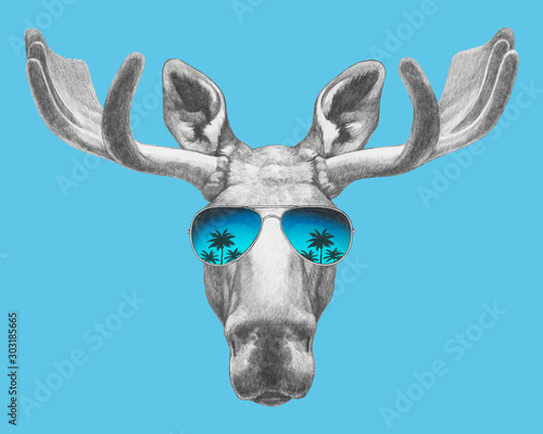 Portrait of Moose with sunglasses. Hand-drawn illustration. Vector isolated elements.	