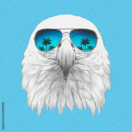 Portrait of Eagle with sunglasses. Hand-drawn illustration. Vector isolated elements.	