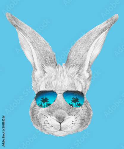 Portrait of Rabbit with sunglasses. Hand-drawn illustration. Vector isolated elements.	