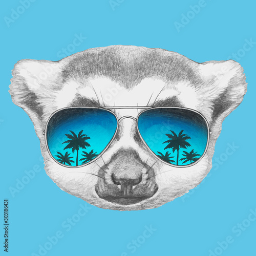 Portrait of  Lemur with sunglasses. Hand-drawn illustration. Vector isolated elements.	