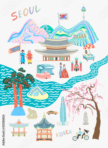 Seoul lovely travel card design - sights and attractions of south korea