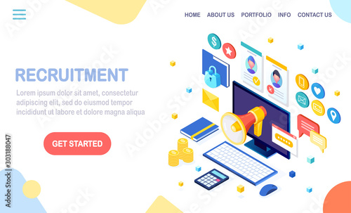 Recruitment. 3d isometric computer, laptop, pc with cv resume, folder, megaphone, bullhorn, loudspeaker, speech bubble. Human Resources, HR. Hiring employees. Job interview. Vector design for banner