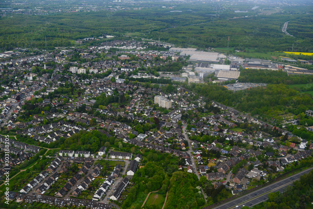 Amazing panoramic view from flying airplane, Brockerberg,Germany.