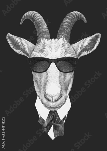 Portrait of Goat in suit. Hand-drawn illustration. Hand-drawn illustration. Vector isolated elements.	