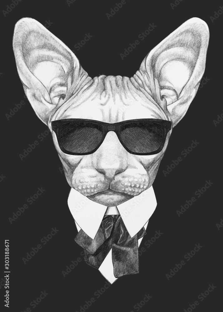 Portrait of Sphynx Cat in suit. Hand-drawn illustration. Vector isolated elements. Portrait of Sphynx Cat in suit. Hand-drawn illustration. Vector isolated elements.