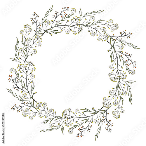 Vintage hand drawn wreath of thin twigs, leaves. Vector isolated illustration on a white background.