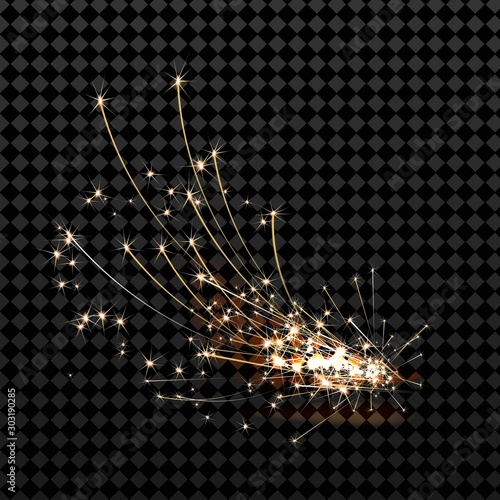 Fire sparks of metal welding isolated on transparent background. During iron cutting.