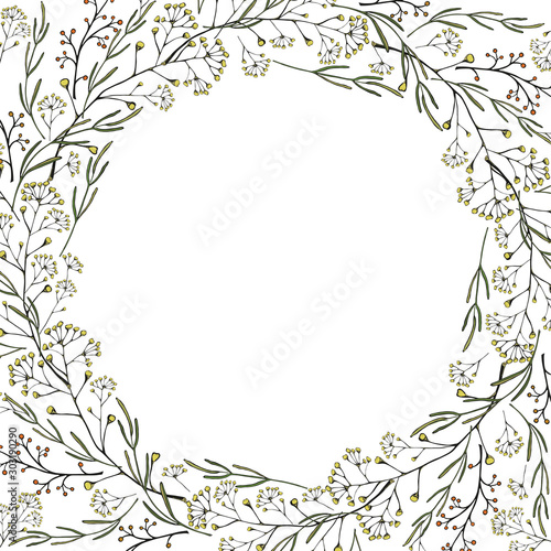 Vintage frame hand-drawn from thin twigs, leaves. Vector isolated illustration on a white background. © Шевалдина Елена