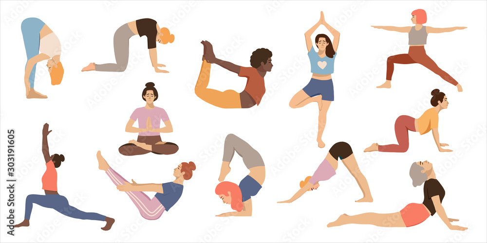 Collection Girls Different Yoga Poses Isolated Stock Vector