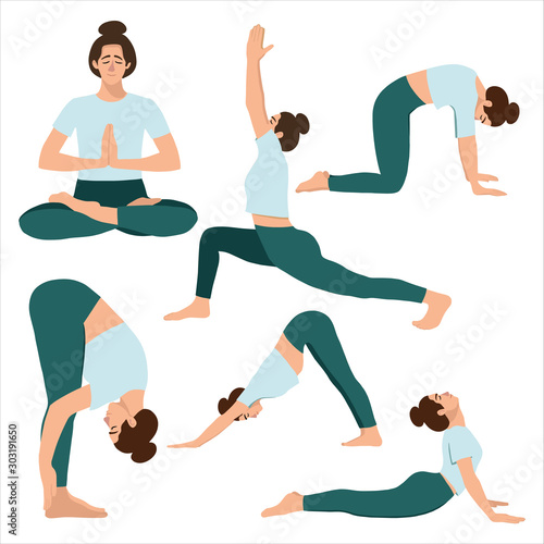 Female in a blue t -shirt and leggins practicing yoga. Different isolated yoga poses on white background. Hand drawn flat coloured vector illustartion.