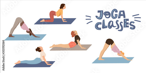 Yoga classes. Women practicing yoga in yoga studio. Yoga studio desighn element, card, banner