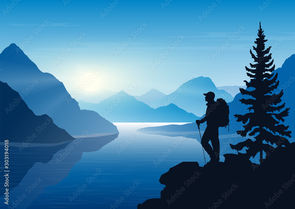 Fototapeta A man looks at the mountains. Mountain river. Landscape. Morning in the mountains. Tourism, sport and travelling. Vector design. Background for web page, internet site