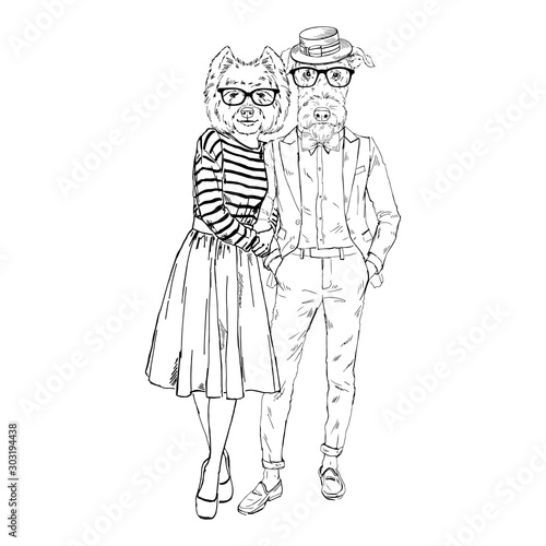Wallpaper Mural Furry art illustration of fashion Airedale terrier man and West Highland white terrier woman dogs couple. Valentine Day design. Hand drawn vector Torontodigital.ca
