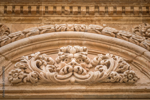 Sicily, Noto town the Baroque Wonder - UNESCO Heritage Site. Detail of Palazzo Nicolaci balcony, the maximum expression of the Sicilian Baroque style.