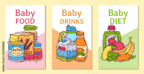 Baby food formula puree vector illustration. Nutrition for kids. Babies bottles and feeding. First meal product templates for invitation cards