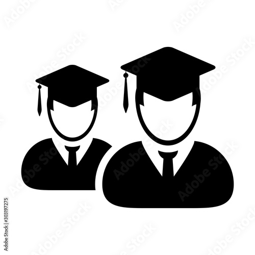 Education icon vector male group of students person profile avatar with mortar board hat symbol for school, college and university graduation degree in flat color glyph pictogram illustration
