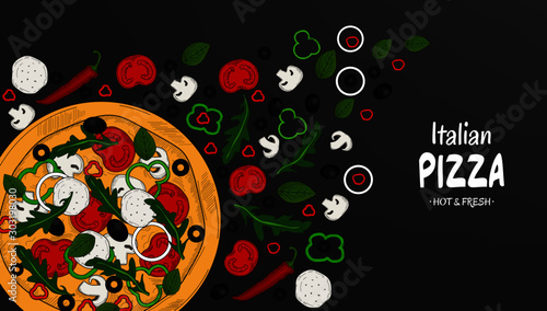 Italian pizza and ingredients top view. Food menu design template. Vintage hand drawn sketch, vector illustration. Engraved style illustration. Pizza label for menu. Pizza shop design.