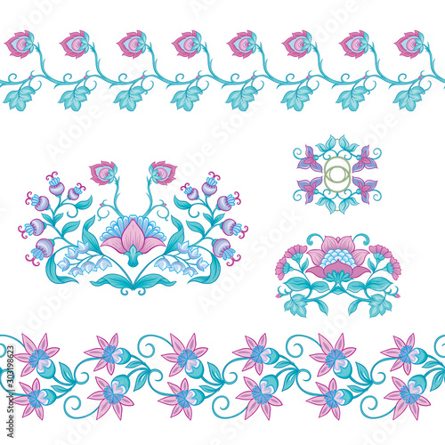 Tradition mughal motif, fantasy flowers in retro, vintage style. Element for design. Vector illustration. Isolated on white background..