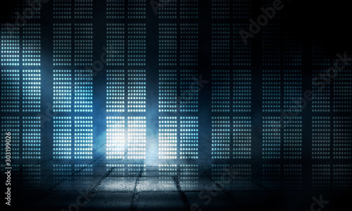 Background of empty stage show. Neon light and laser show. Laser futuristic shapes on a dark background. Abstract dark background with neon glow
