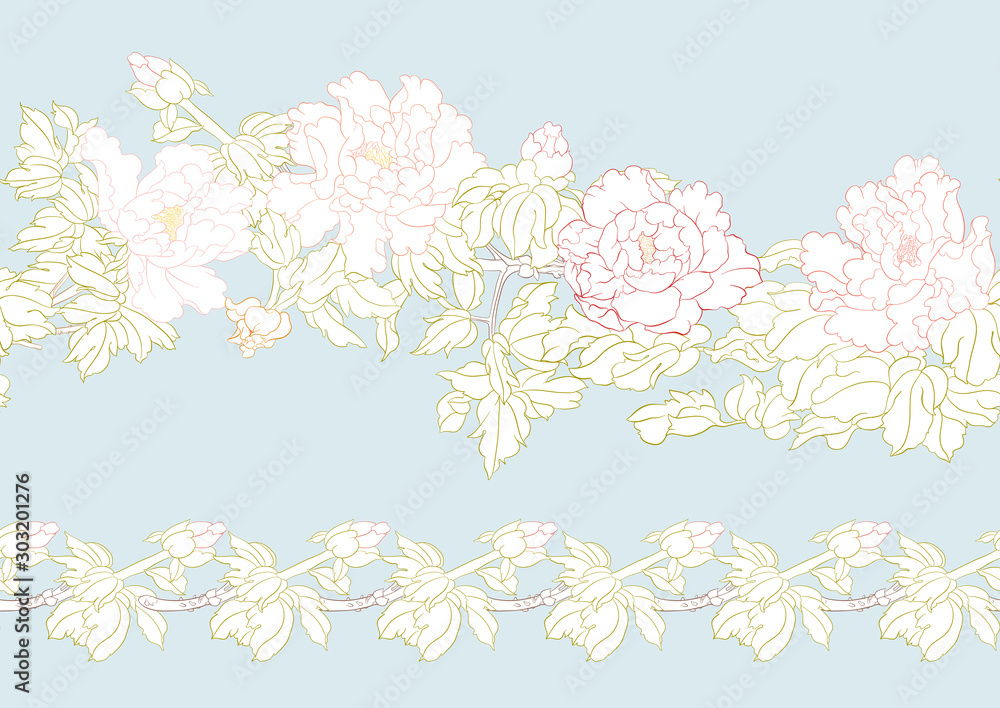 Peony tree branch with flowers in the style of Chinese painting on silk Seamless pattern, background. Colored vector illustration. Outline hand drawing vector illustration. on sky blue background..
