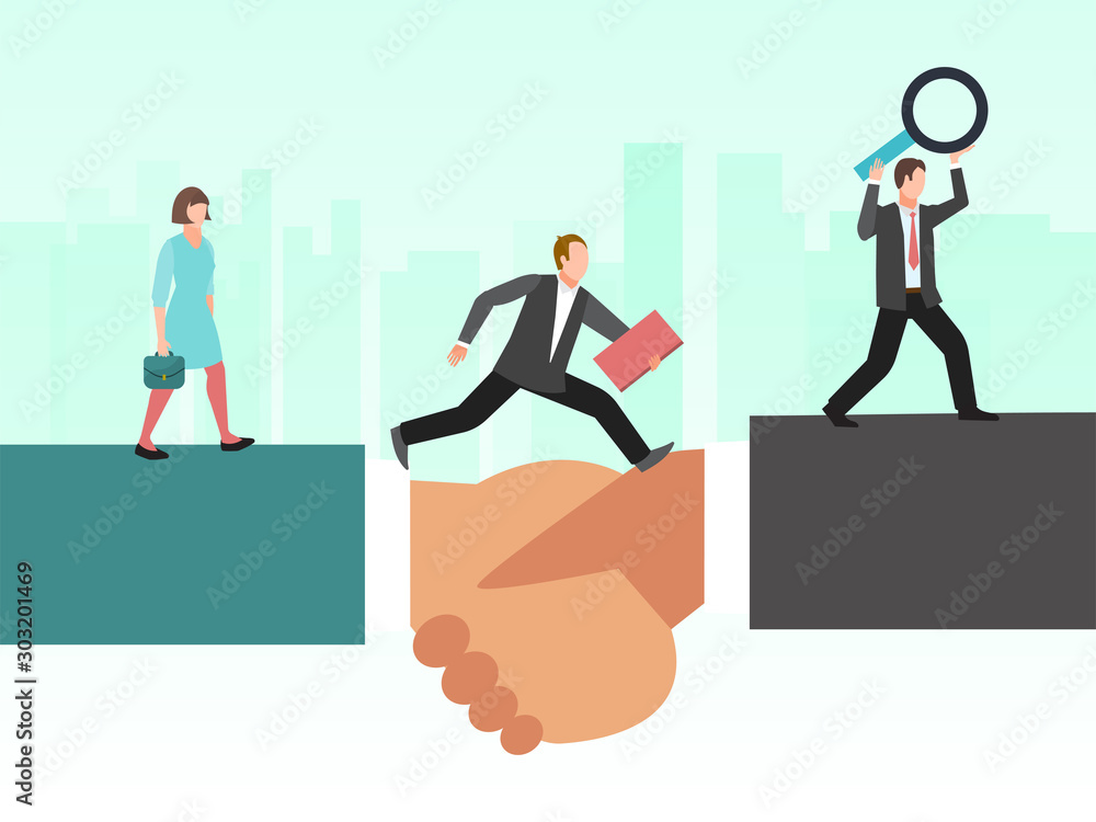 Business agreement bridge vector illustration. Concept corporate deal and partnership communication. Businesspeople agreeing and shake hands Business agreement bridge vector illustration. Concept corporate deal and partnership communication. Businesspeople agreeing and shake hands