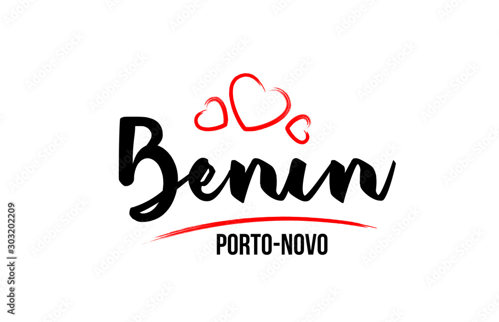 Benim country with red love heart and its capital Porto Novo creative typography logo design