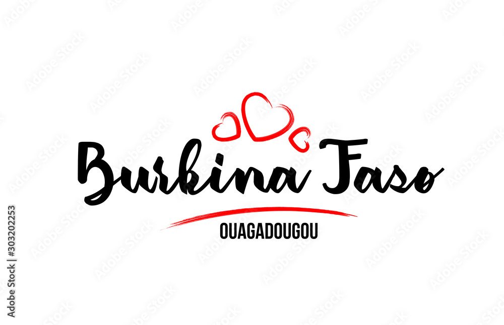 Burkina Faso country with red love heart and its capital Ouagadougou creative typography logo design