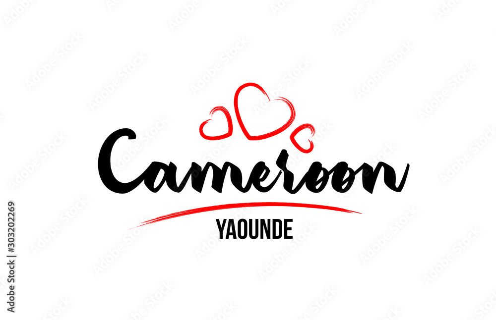 Cameroon country with red love heart and its capital Yaounde creative typography logo design