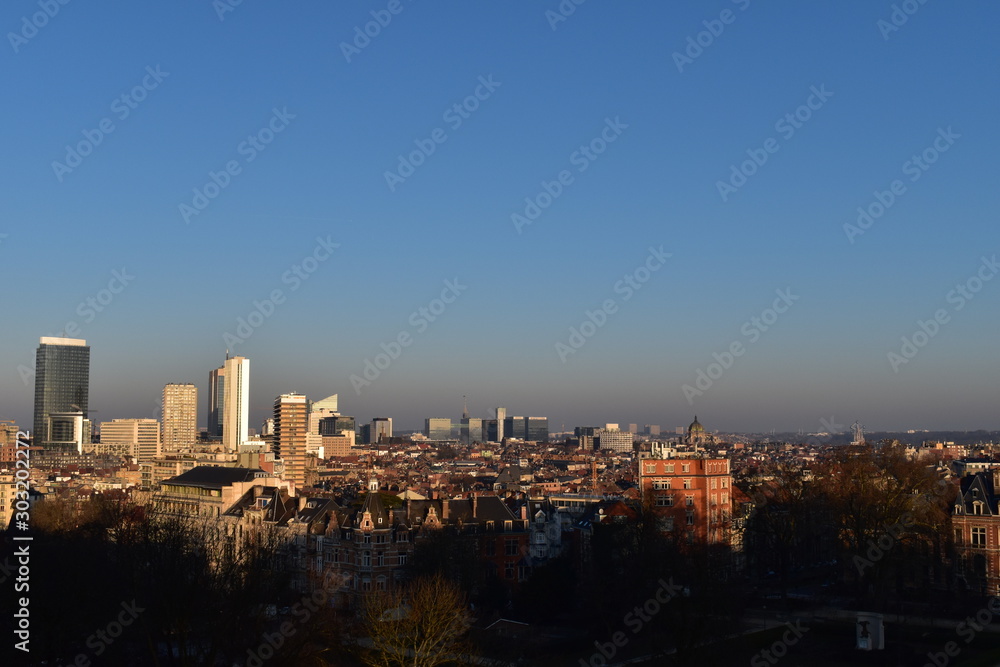 Cityscape of Brussels from distance with Atomium and dome of Sainte Marie