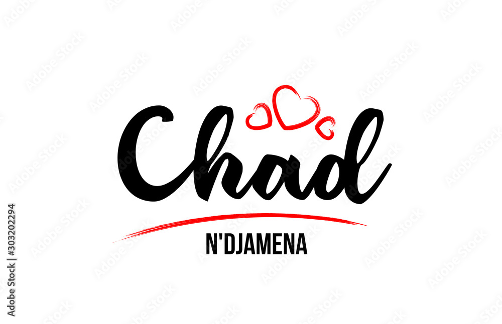 Chad country with red love heart and its capital N'Djamena creative typography logo design