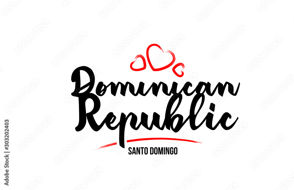 Dominican Republic country with red love heart and its capital Santo Domingo creative typography logo design Dominican Republic country with red love heart and its capital Santo Domingo creative typography logo design