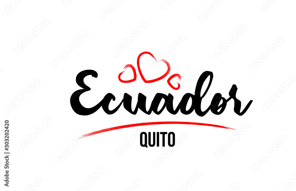 Ecuador country with red love heart and its capital Quito creative typography logo design