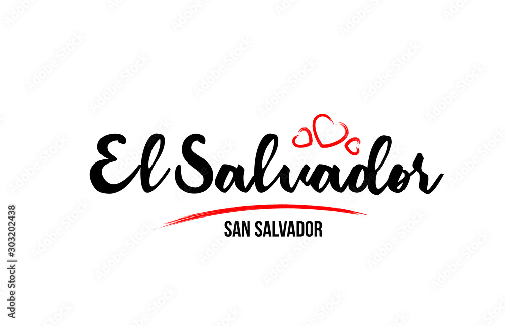 El Salvador country with red love heart and its capital San Salvador creative typography logo design