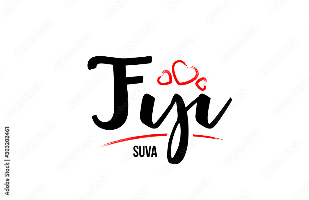 Fiji country with red love heart and its capital Suva creative typography logo design Fiji country with red love heart and its capital Suva creative typography logo design