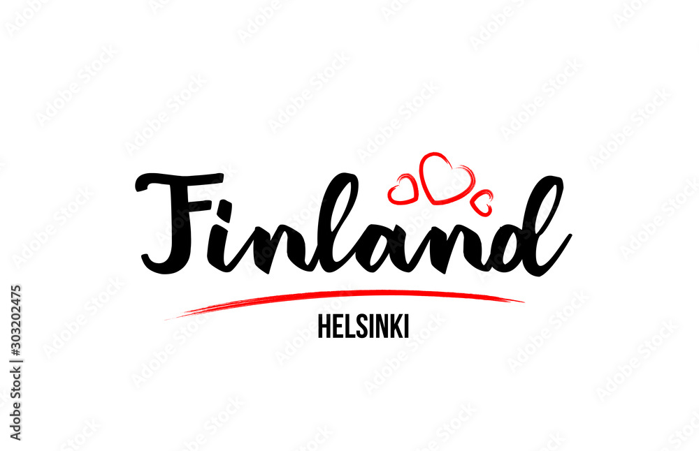 Finland country with red love heart and its capital Helsinki creative typography logo design