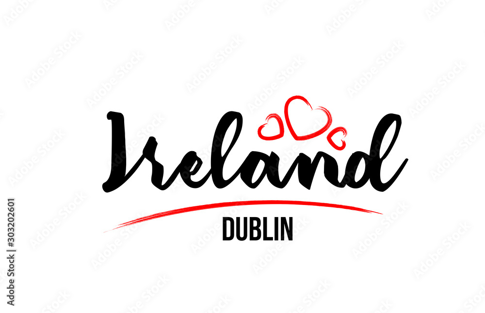 Ireland country with red love heart and its capital Dublin creative typography logo design