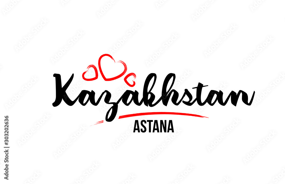 Kazakhstan country with red love heart and its capital Astana creative typography logo design