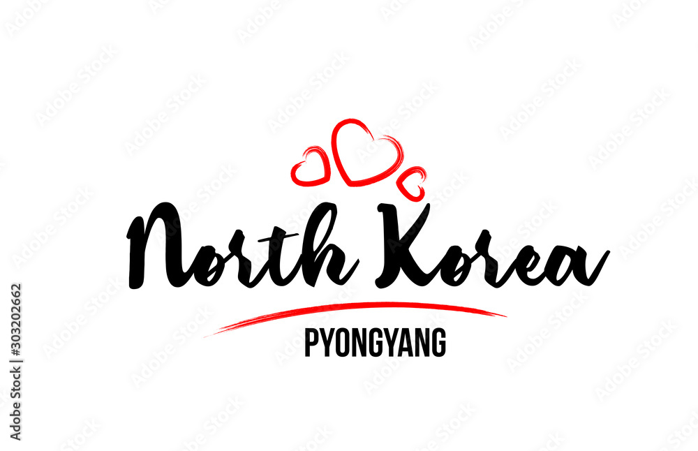 North Korea country with red love heart and its capital Pyongyang creative typography logo design