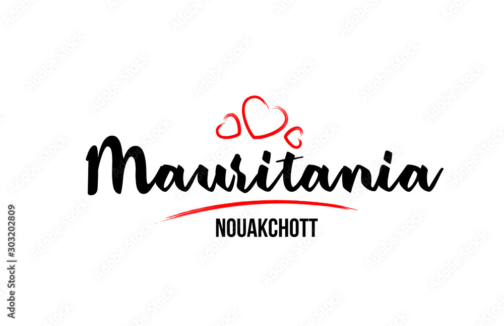 Mauritania country with red love heart and its capital Nouakchott creative typography logo design