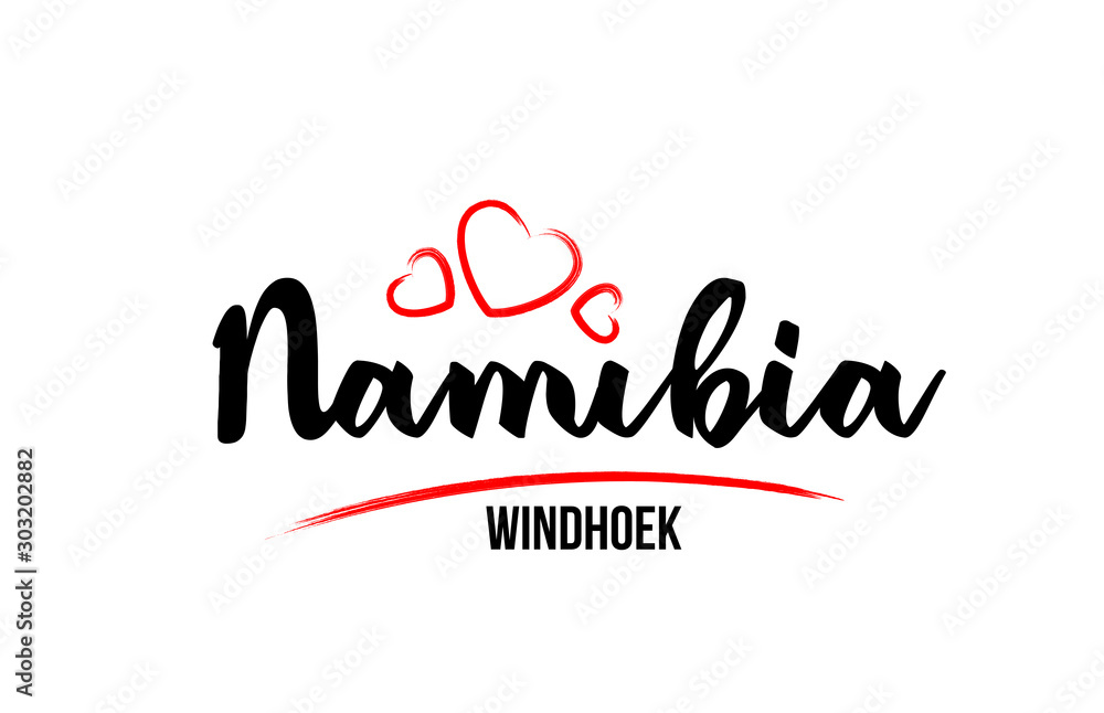Namibia country with red love heart and its capital Windhoek creative typography logo design