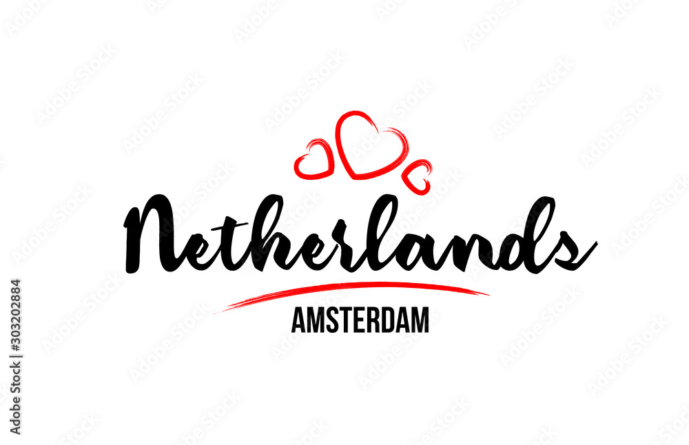 Netherlands country with red love heart and its capital Amsterdam creative typography logo design