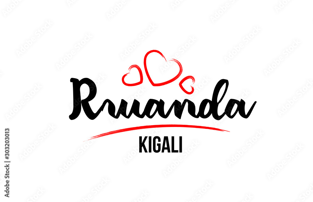Rwanda country with red love heart and its capital Kigali creative typography logo design