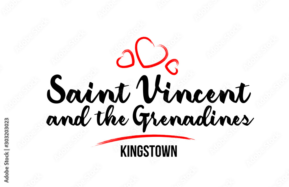 Saint Vincent and the Grenadines country with red love heart and its capital Kingstown creative typography logo design