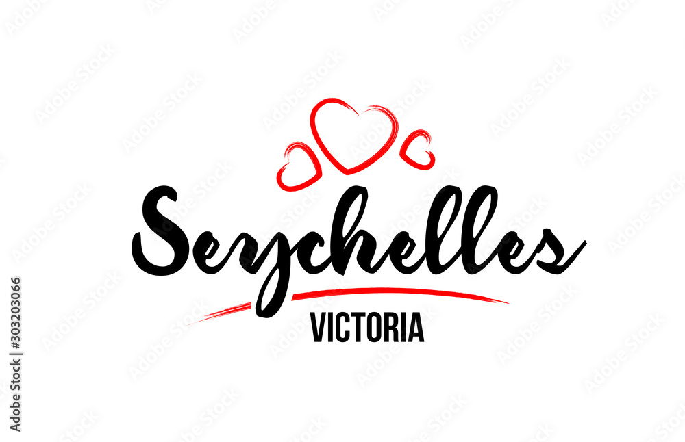 Seychelles country with red love heart and its capital Victoria creative typography logo design