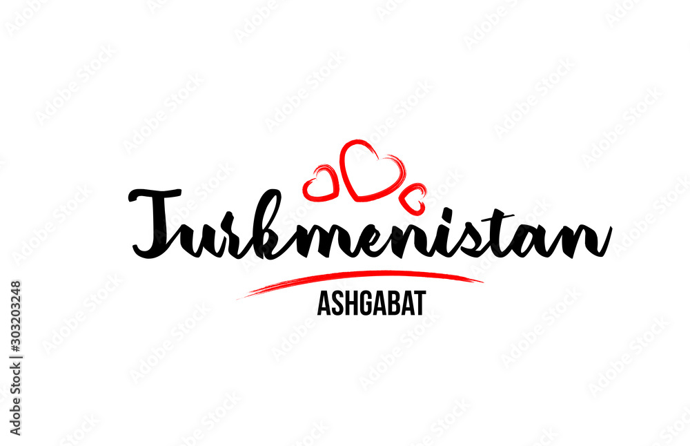 Turkmenistan country with red love heart and its capital Ashgabat creative typography logo design