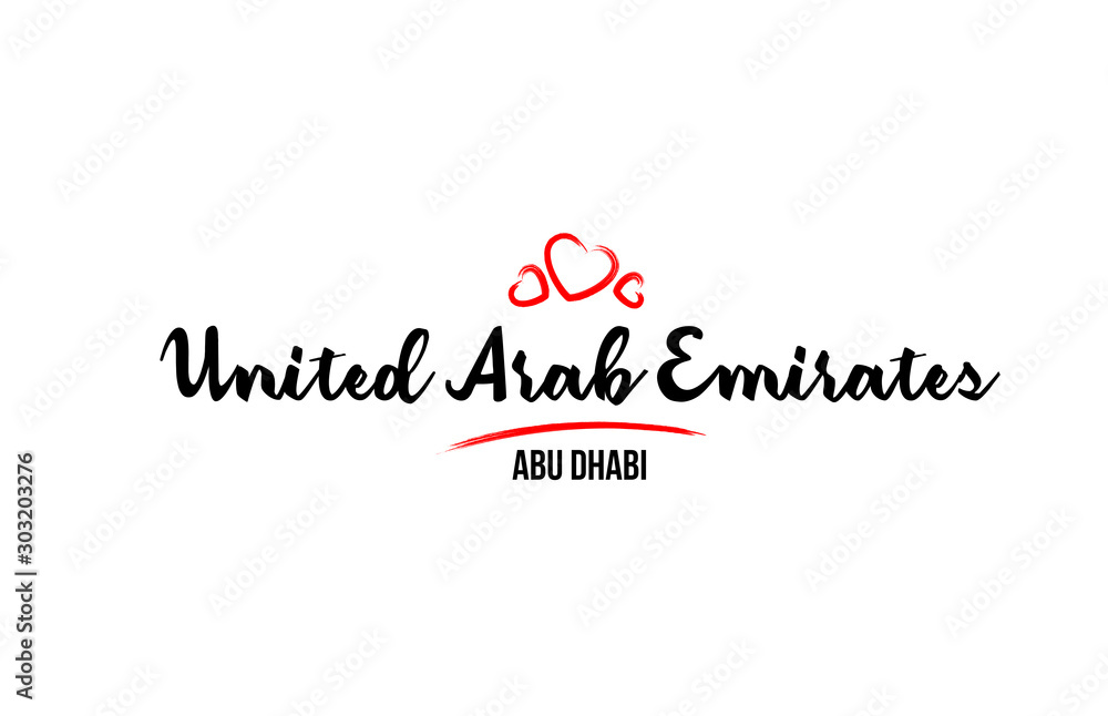 United Arab Emirates country with red love heart and its capital Abu Dhabi creative typography logo design
