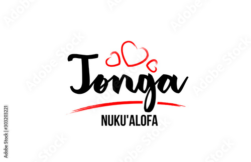 Tonga country with red love heart and its capital Nuku'alofa creative typography logo design photo
